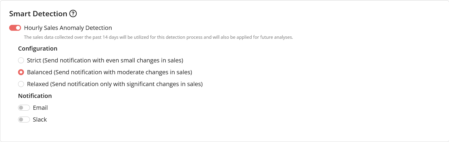 Showing a new Smart Detection section that contains the configurations of the hourly sales anomaly detection feature.