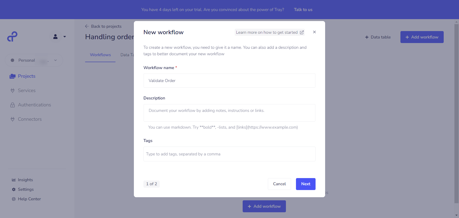 New workflow in Tray.io