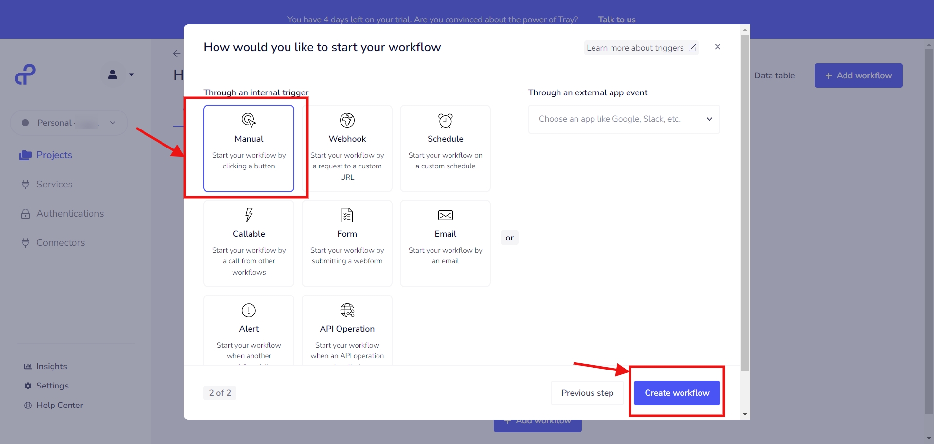 Start Tray.io workflow manually