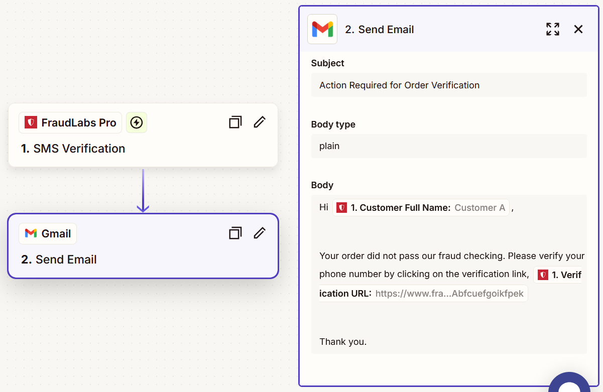 FraudLabs Pro Zapier App configuration with Gmail